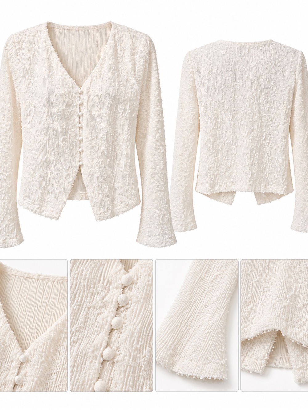 Commense Cream Textured V-Neck Button Front Sweater